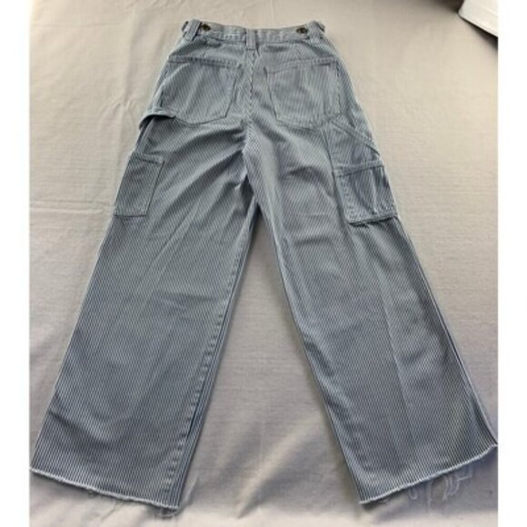 Stradivarius Womens High-Waisted Blue & White Striped Cargo Pants Size 36 - Picture 1 of 4
